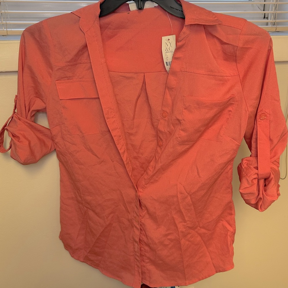 XS Coral Button Down Blouse with Roll Up Sleeves from NY&Company